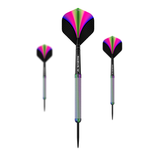Die Abbildung zeigt die "Mission Aurora Coral PVD Steeldarts - 23g". Die Darts haben ein farbenfrohes Design in Pink, Grün und Schwarz mit einem glänzenden Griff.