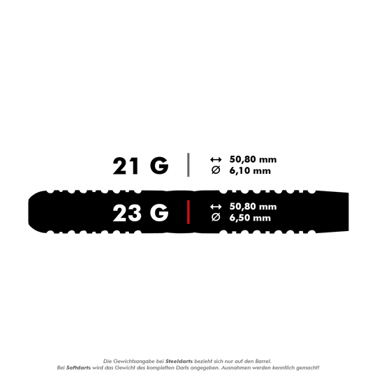 Das Bild zeigt zwei Steeldart-Modelle mit unterschiedlichen Gewichten und Maßen. Der Dart mit 21 g wiegt 21 Gramm und hat einen Durchmesser von 6,10 mm, während der Dart mit 23 g einen Durchmesser von 6,50 mm besitzt; beide sind 50,80 mm lang.