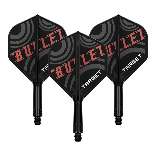 Target K-Flex Stephen Bunting No2 Standard Flight Shaft System Bild zeigt ein Dart-Flight Set mit der Bezeichnung 'Target K-Flex Stephen Bunting No2 Standard Flights 19mm 1Set'. Es ist ein Zubehör für Dartscheiben und Spieler.