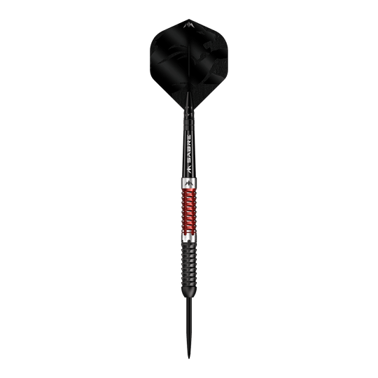 Abgebildet ist der Mission Llew Bevan Black Red Electro Steeldarts in 23g. Der Dartpfeil ist schwarz und rot gestaltet.