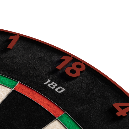 Precise 180 Endorphine Steel Dartboard with Numbered Ring - Faded Red Gezeigt wird das Precise 180 Endorphine Steeldartboard mit Nummernring in Faded Red. Das Bild beschreibt das Produkt für den Dartbereich.