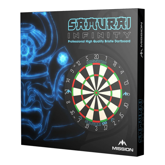 Mission Samurai Infinity steel dartboard Auf dem Bild ist die Verpackung des "Mission Samurai Infinity Steeldartboard" zu sehen. Die Box zeigt eine Abbildung eines Dartboards und ein leuchtendes Samurai-Motiv im Hintergrund.