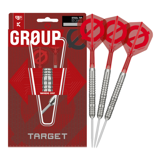 Target Group O 03 Swiss Points Steel Darts Das Foto zeigt das Target Group O 03 Swiss Points Steeldarts Set. Die Komponenten werden detailliert dargestellt.