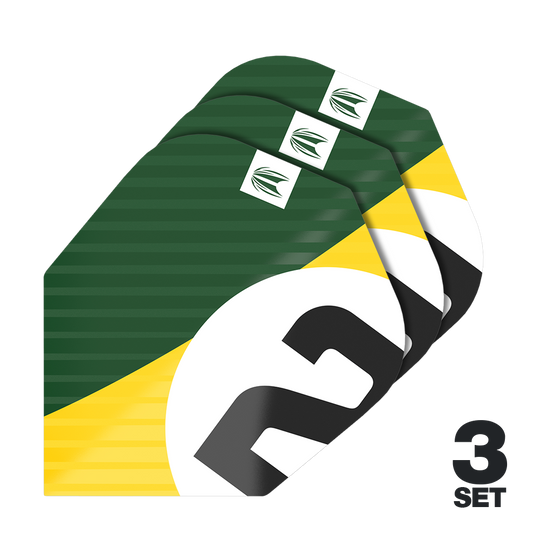 Target Pro Ultra Chicane Green No6 Flights - 3 Sets Das Bild zeigt drei Sätze der Target Pro Ultra Chicane Green No6 Flights. Die Flights sind in den Farben Grün, Gelb, Weiß und Schwarz gestaltet.