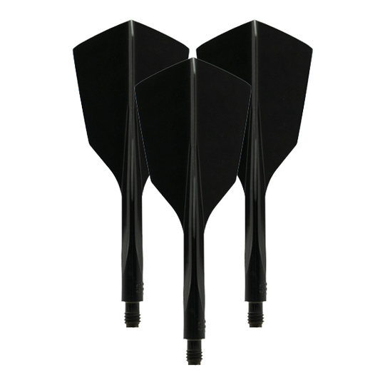 Condor Ax 120 Flight System Black - Narrow Das Bild zeigt drei schwarze, schmale Dartflights des Modells "Condor Axe 120 Flight-System". Sie sind nebeneinander mit der Spitze nach unten ausgerichtet.