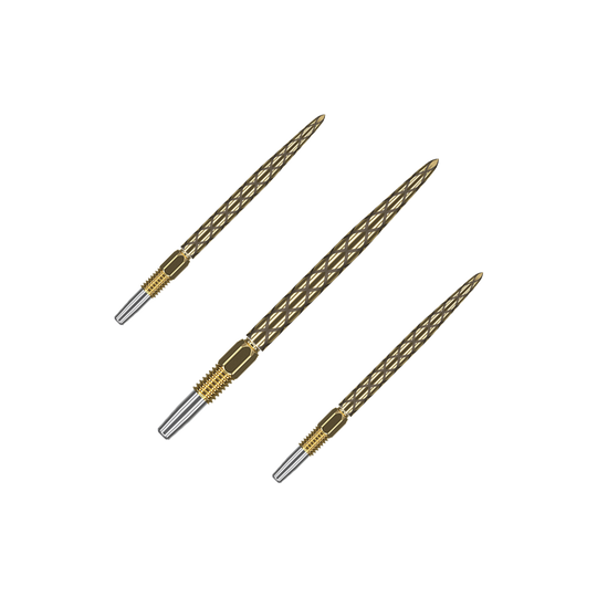 Target Swiss Diamond Pro Gold dart tips Das Bild zeigt drei goldfarbene Dartspitzen mit einem rautenförmigen Muster. Sie liegen nebeneinander auf einem grünen Hintergrund.