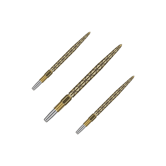 Target Swiss Diamond Pro Gold dart tips Goldene Dartspitzen mit matter Struktur liegen nebeneinander. Das Set ist auf einem hellen Hintergrund platziert.