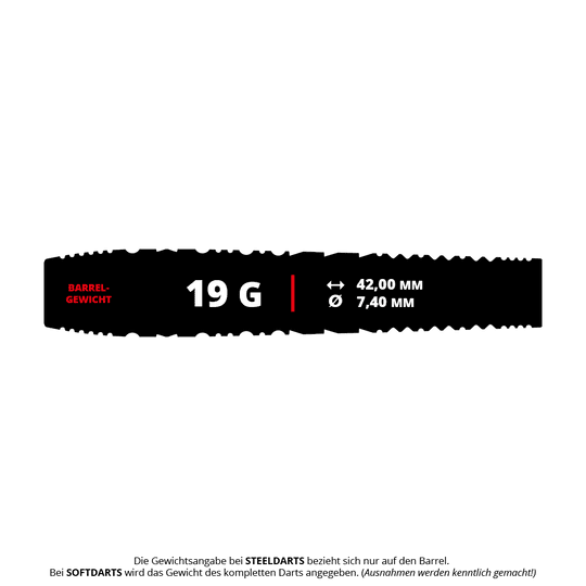 Target Japan Hot Shot GEN2 Soft Darts - 19g Das Bild zeigt die Spezifikationen der Target Japan Hot Shot GEN2 Softdarts mit einem Gewicht von 19 Gramm. Die Länge beträgt 42,00 mm und der Durchmesser 7,40 mm.