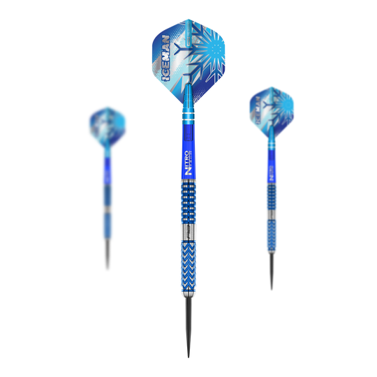 Red Dragon Gerwyn Price Glacier steel darts Das Bild zeigt die "Red Dragon Gerwyn Price Glacier Steeldarts" mit blauen Akzenten und eisigem Design. Die Darts haben auffällige Flights mit dem Schriftzug "ICEMAN" und Schneeflockenmuster.