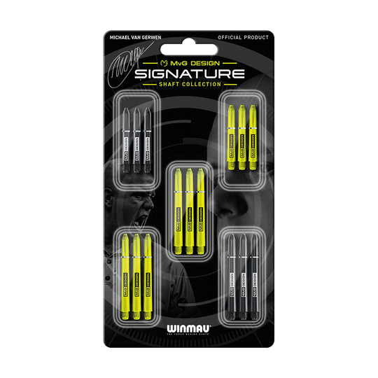 8125_Winmau_MvG_Signature_Shaft_Collection_1 Das Bild zeigt das Produkt "Winmau MvG Signature Shaft Collection". In der Verpackung sind mehrere gelbe und schwarze Dartschäfte angeordnet.