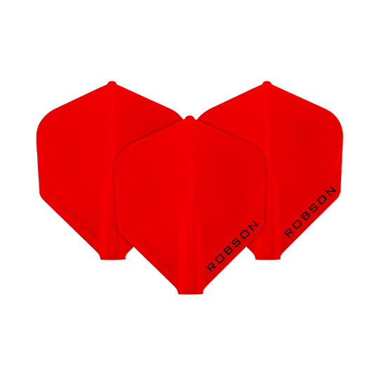 Das Bild zeigt drei rote Dart-Flights in Standardform. Auf jedem Flight steht das Wort "ROBSON" in schwarzer Schrift.
