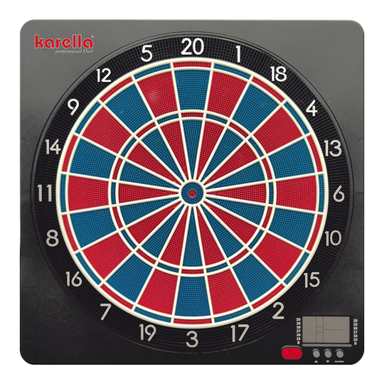Karella CB-Smart Electronic Soft Dartboard Die Abbildung zeigt die elektronische Soft-Dartscheibe „Karella CB-Smart“. Die Dartscheibe ist quadratisch, farbig in Rot und Blau gestaltet und verfügt unten rechts über ein digitales Anzeigefeld.