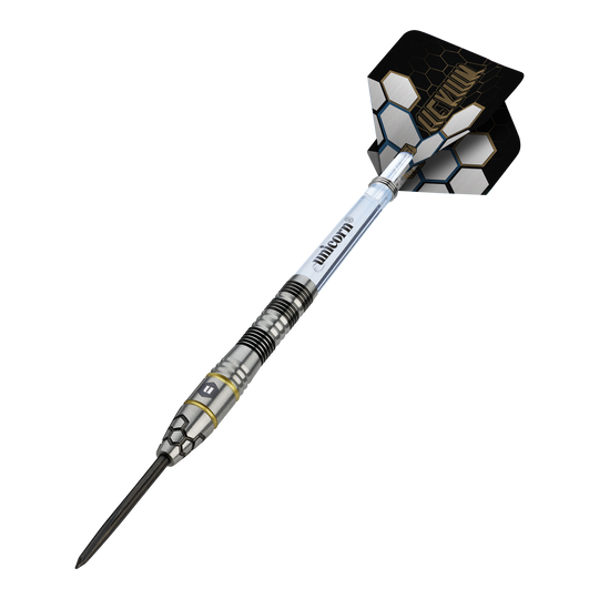 Unicorn Hexium Style 01 Black & Gold Steeldarts Hier sieht man die Unicorn Hexium Style 01 Black & Gold Steeldarts. Die Darts haben eine Kombination aus schwarzen und goldenen Elementen.
