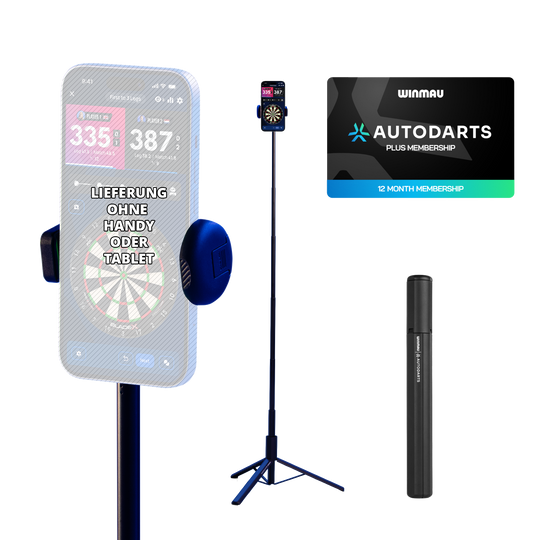 Winmau Autodarts Device Stand & 12 Months Membership Bundle Zu sehen ist das Winmau Device Stand & 12 Monate Membership Bundle. Das Set umfasst einen stabilen Geräteständer und eine 12-monatige Mitgliedschaft.