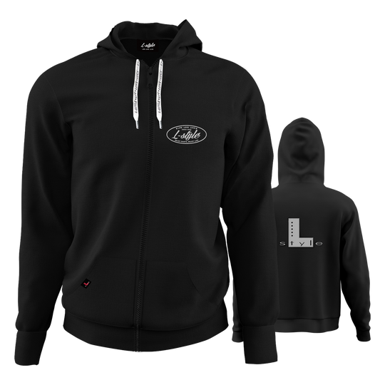 L-Style Hoodie - Black Der "L-Style Hoodie - Schwarz" ist ein schwarzer Kapuzenpulli mit Reißverschluss und weißen Kordeln. Auf der Vorderseite befindet sich ein kleines "L-Style"-Logo, während auf der Rückseite ein großes "L style"-Design zu sehen ist.
