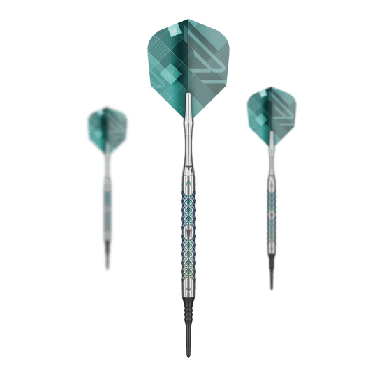 Target Rove 10 Soft Darts Das Bild zeigt drei Softdarts des Modells "Target Rove 10" mit silbernen Schäften und grünen Flights. Die Darts sind elegant gestaltet und stehen vor einem schwarzen Hintergrund.