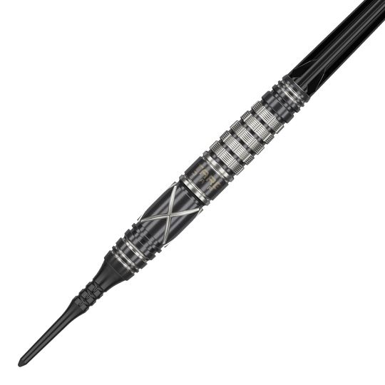 Target Japan Black Marque Chaos 2 Soft Darts - 19g Auf dem Bild ist ein Softdart der Marke "Target Japan Black Marque Chaos 2" mit 19g Gewicht zu sehen. Der Dartpfeil hat ein schwarzes Design mit silbernen Akzenten und einer geriffelten Griffzone.