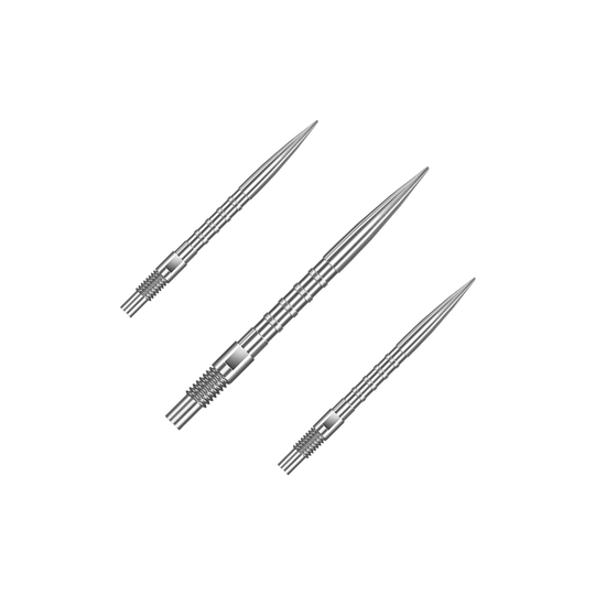 Harrows Quick Point Heavy Metal Dart Tips - Silver Das Bild zeigt ein Set von Harrows Quick Point Heavy Metal Grip Dartspitzen in Silber mit 26mm Länge. Es sind mehrere Dartspitzen auf dem Bild abgebildet.