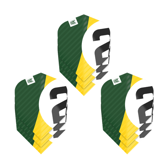 Das Bild zeigt drei Sätze Target Pro Ultra Chicane Green Ten-X Flights. Die Flights sind in den Farben Grün, Gelb, Weiß und Schwarz gestaltet.