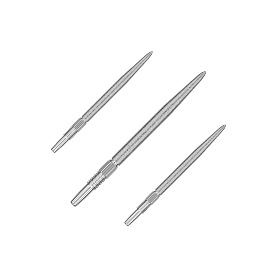 Target Swiss Point SLK dart tips - silver Auf dem Bild sind drei silberne Dartspitzen zu sehen. Sie liegen nebeneinander und sind spitz zulaufend gestaltet.