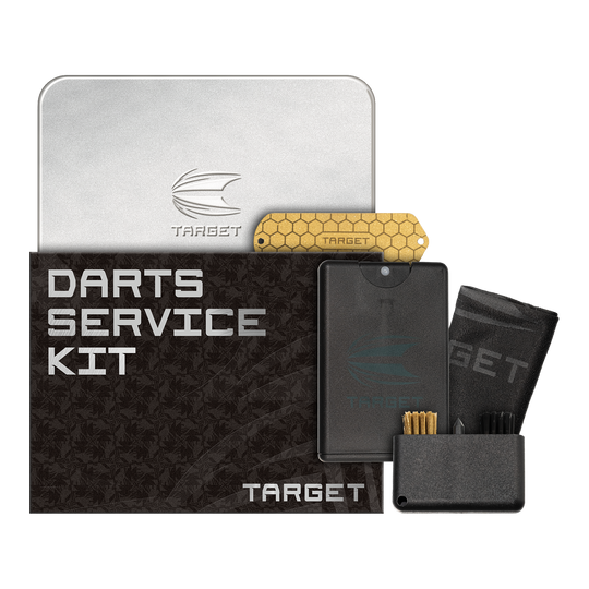 Zu sehen ist das Target Dart Servicing Kit. Dieses Set enthält verschiedene Werkzeuge und Zubehör zum Warten von Darts.