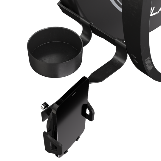 Winmau Plasma Accessory Set Das Bild zeigt das Winmau Plasma Zubehör Set mit einem Handyhalter und einem Becherhalter. Beide Halterungen sind an einem runden Rahmen befestigt.