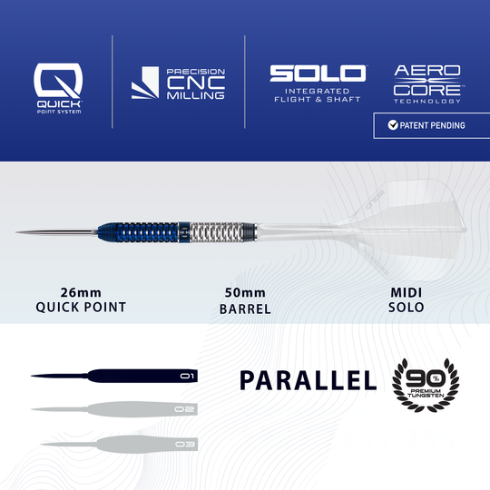 Harrows GEO Parallel Quick Point Steel Darts Das Bild zeigt Harrows GEO Parallel Quick Point Steeldarts. Der Pfeil und sein Aussehen werden präsentiert.