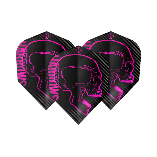 Harrows Rage Pink No6 Flights Das Bild zeigt drei schwarze Dartflights mit einem auffälligen pinken Totenkopf-Design. Auf den Flights steht seitlich in pink der Schriftzug "Harrows".