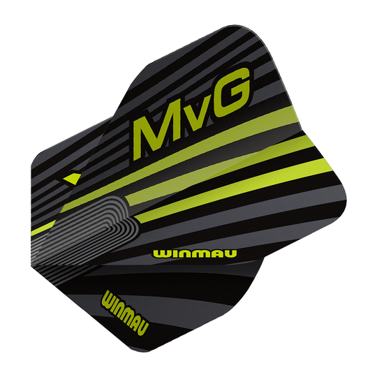 Winmau Prism Delta MvG Gray Green No2 Standard Flights Das Bild zeigt die Winmau Prism Delta MvG Grey Green No2 Standard Flights. Es handelt sich um Dart-Flights in Grau und Grün.