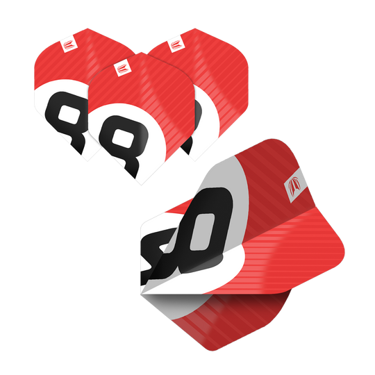 337204_Target_ProUltra_5Sets_Multipack_Chicane_No2_Standard_Flights_3xMnT0poDbZhfH Das Bild zeigt fünf Sätze Target Pro Ultra Chicane No2 Standard Flights in auffälligem Rot-Weiß-Design. Die Flights sind mit einer großen schwarzen Zahl und dem Target-Logo versehen.