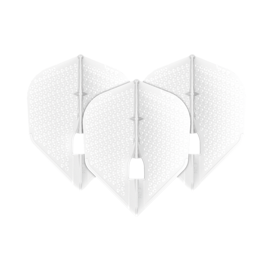L-Style Flights Dimple Champagne L3PRO Shape Das Bild zeigt drei weiße Dart-Flights der Marke L-Style in Dimple Champagne L3PRO-Form. Die Flights haben eine strukturierte Oberfläche mit kleinen Vertiefungen.