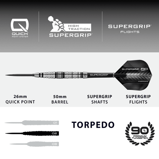 Dieses Bild zeigt die Harrows Supergrip Torpedo Quick Point Steeldarts. Der Artikel ist in Nahaufnahme zu sehen.