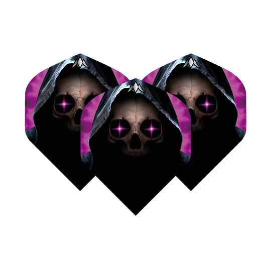 Mission Solo Phantom No2 Standard Flights Das Bild zeigt drei Dart-Flights mit einem Totenkopf in einer dunklen Kapuze und leuchtenden lila Augen. Der Hintergrund ist schwarz mit lila Akzenten.