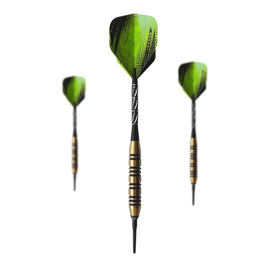 Golden Green Softdarts - 18g Das Bild zeigt drei Softdarts mit goldenen und schwarzen Griffen sowie grünen Flights. Das Produkt heißt „Golden Green Softdarts - 18g“.