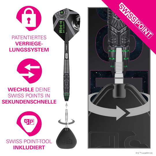 Target Star Wars Tie Fighter Swiss Point Steeldarts ist auf dem Bild zu sehen. Es handelt sich um Steeldarts, inspiriert von Star Wars.