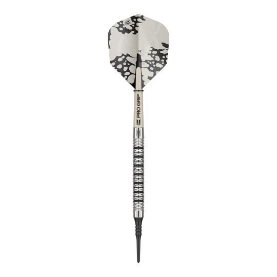 Target EXO 11 Soft Darts Dies ist ein Softdart des Modells "Target EXO 11". Er hat ein silbernes Barrel mit Rillen und ein Flight mit schwarz-weißem Muster.