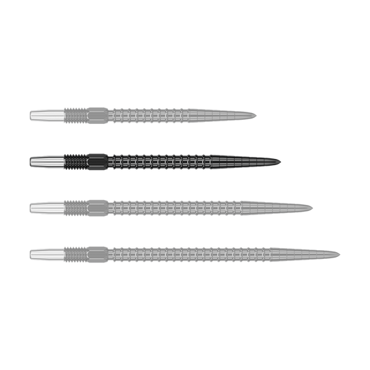 Target Swiss Point Chrono Dart Tips - Black Auf dem Bild sind vier schwarze Dartspitzen in einer Reihe zu sehen. Sie haben einen silbernen hinteren Abschnitt und einen geriffelten Mittelteil.