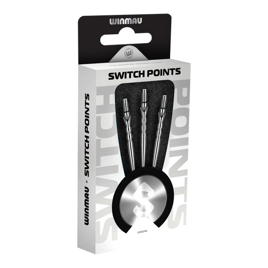 Das Bild zeigt Winmau Switch Point Groove Steeldartspitzen im Silver Effect. Die Dartspitzen besitzen Rillen und eine silberne Oberfläche.