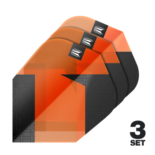 Das Bild zeigt drei Sätze der Target Pro Ultra TAG Orange Ten-X Standard Flights. Die Flights sind in Orange und Schwarz gehalten und besitzen ein markantes Design.