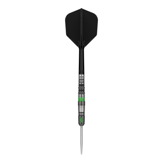 Target Japan Black Marque Lightning 3 SP steel darts Das Bild zeigt einen Target Japan Black Marque Lightning 3 SP Steeldart. Der Dartpfeil hat ein schwarzes Flight und Details in Silber und Grün am Schaft.
