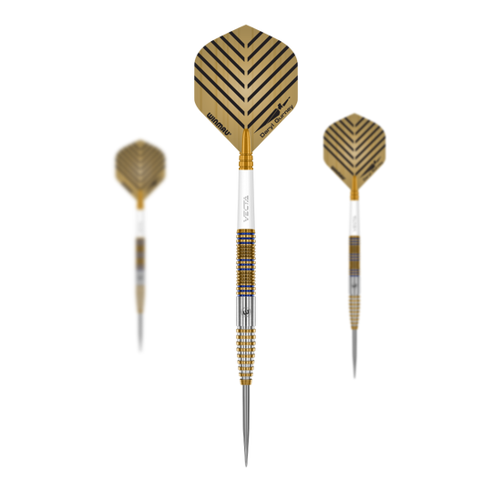 Hier sieht man das Winmau Daryl Gurney Signature Edition Steeldarts - 23g Set. Es eignet sich ideal für Turniere oder das Training zuhause.