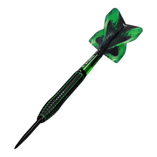 Mission Venom steel darts Mission Venom Steeldarts sind als Set dargestellt. Die Barrels zeigen eine verspielte Struktur.