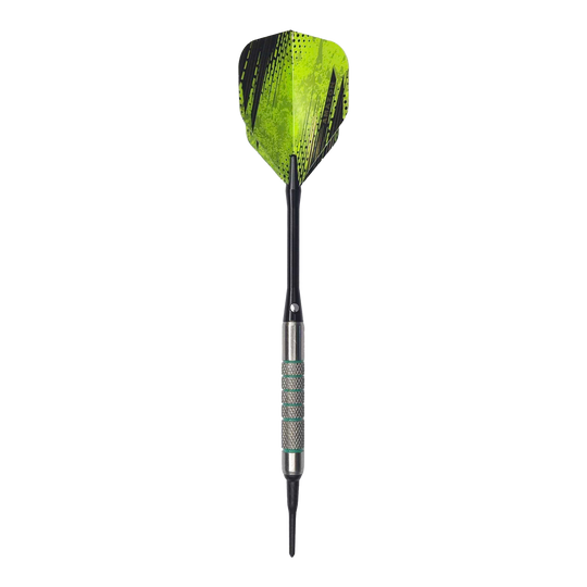 McDart 85 Tungsten V7 soft darts - 16.5g Der abgebildete Dart ist der „McDart 85er Tungsten V7 Softdart“ mit einem Gewicht von 16,5 Gramm. Er hat ein auffälliges grünes Flight-Design und einen griffigen, silberfarbenen Barrel.