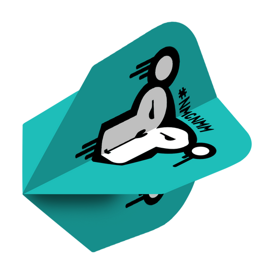 Not My Circus Not My Monkeys NMCNMM Standard Flights Das Bild zeigt ein türkisfarbenes Dart-Flügel mit zwei stilisierten Figuren darauf. Daneben steht der Schriftzug "#NMCNMM".