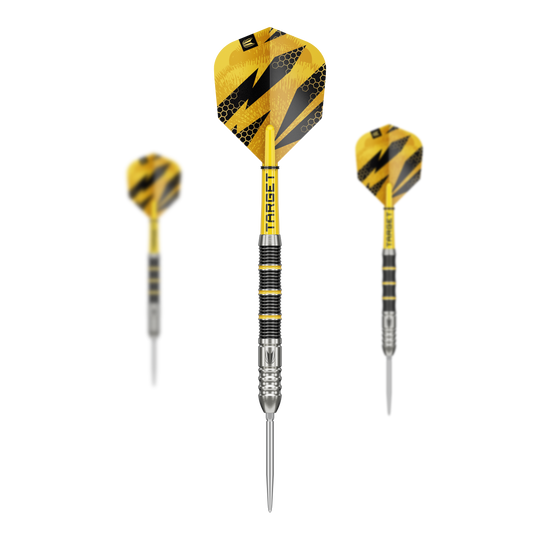 Hier sind die Target Buzz 02 Swiss Points Steeldarts zu sehen. Das Produkt zeichnet sich durch hochwertige Verarbeitung aus.