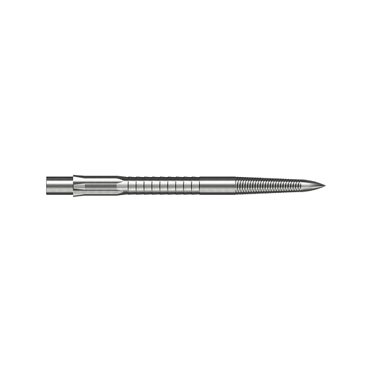 Caliburn System Steel Dart Tips - Micro Grip - Silver Das Bild zeigt eine silberne Steeldartspitze mit feinen Rillen für besseren Halt. Die Spitze ist gerade und misst 32 mm in der Länge.