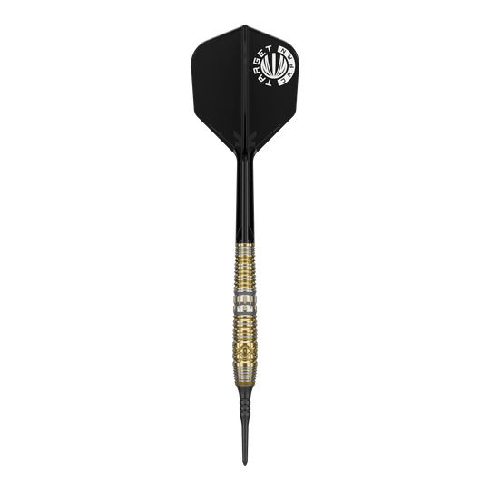 Das Bild zeigt einen Softdart mit schwarzem Flight und goldenem Griff. Es handelt sich um das Produkt "Target Japan Hot Shot GEN2 Softdarts - 19g".