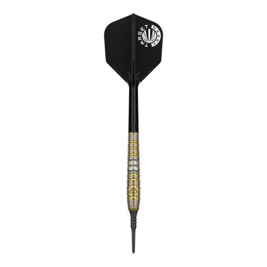 Target Japan Hot Shot GEN2 Soft Darts - 19g Das Bild zeigt einen Softdart mit schwarzem Flight und goldenem Griff. Es handelt sich um das Produkt "Target Japan Hot Shot GEN2 Softdarts - 19g".