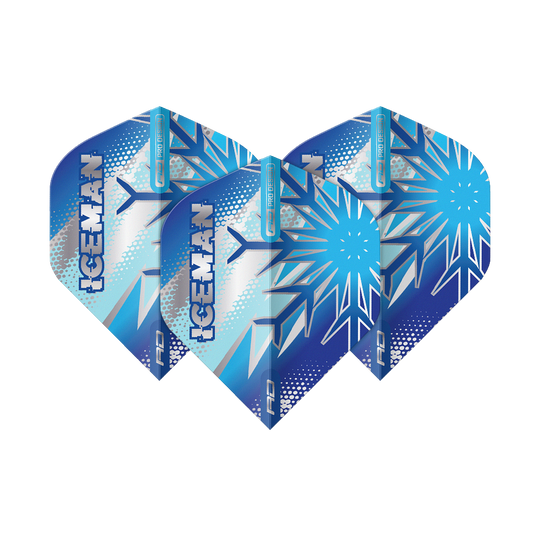Das Bild zeigt drei blaue Dart-Flights mit Eiskristall-Muster und dem Schriftzug "ICEMAN". Die Flights sind das Produkt "Red Dragon Gerwyn Price Blue Flake No2 Standard Flights".