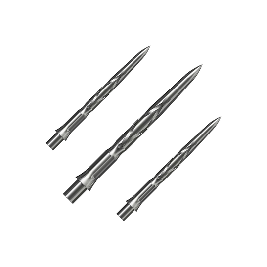 Caliburn System steel dart tips - HAN G2 - Silver Auf dem Bild sind drei silberne Steeldartspitzen zu sehen. Sie haben eine spitz zulaufende Form mit eingeritztem Muster.